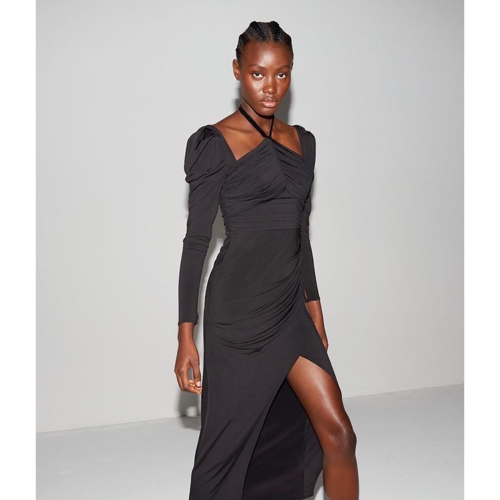 NWT Self-Portrait Jersey Gathered Midi Dress in Black - Picture 4 of 12